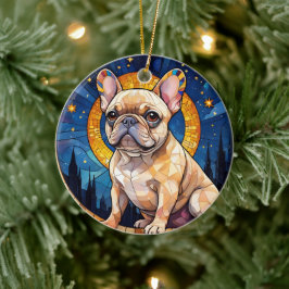 Franse Bulldog Glas in lood City Night Sky Moon Keramisch Ornament