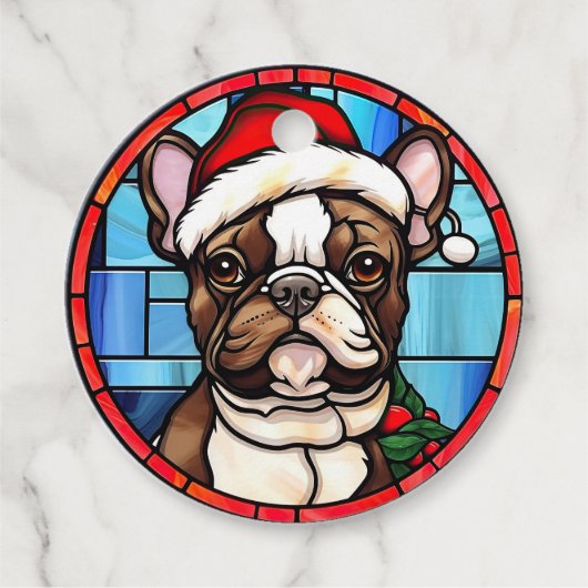 Franse Bulldog Glas in lood Kerstmis Bedankjes Labels (Voorkant)