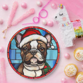 Franse Bulldog Glas in lood Kerstmis Papieren Bordje (Feest)