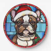 Franse Bulldog Glas in lood Kerstmis Papieren Bordje (Voorkant)
