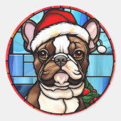Franse Bulldog Glas in lood Kerstmis Ronde Sticker (Voorkant)