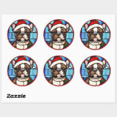 Franse Bulldog Glas in lood Kerstmis Ronde Sticker (Vel)