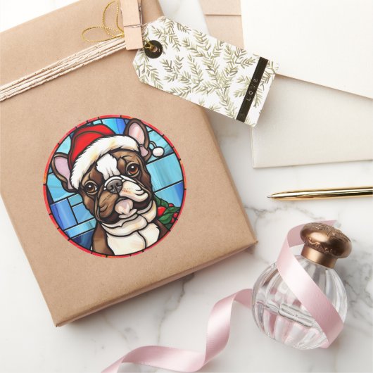 Franse Bulldog Glas in lood Kerstmis Ronde Sticker (Geschenken)