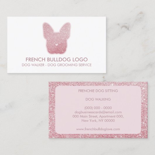 Franse Bulldog glitter roze mousserende puppy Visitekaartje (Voorkant / Achterkant)