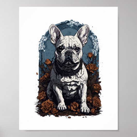 Franse Bulldog Gotische Bloemen Poster (Voorkant)