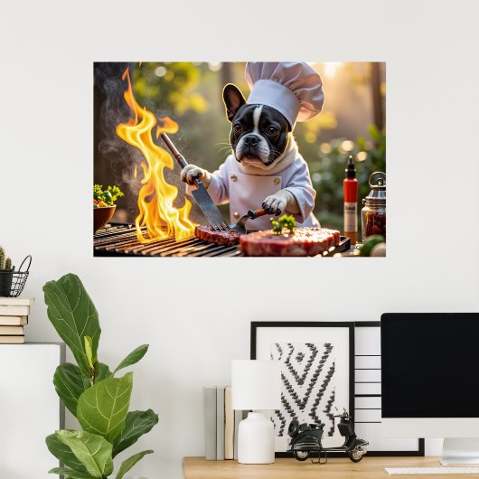 Franse Bulldog Grill Chef Fiery Poster (Thuiskantoor)