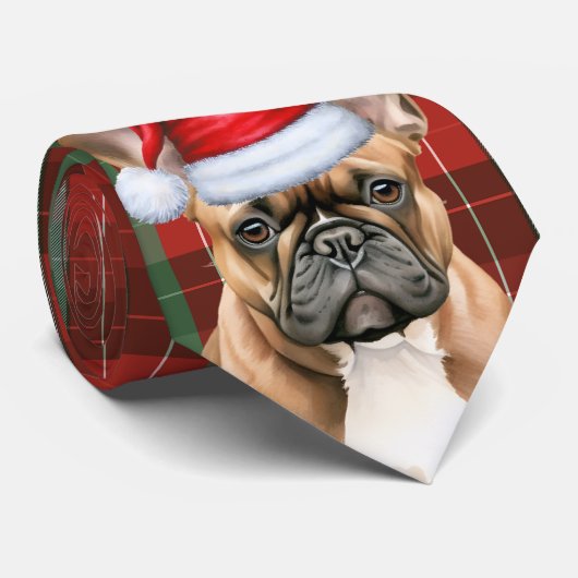 Franse Bulldog Groen Rood Kerstmis Geruite Stropdas (Opgerold)