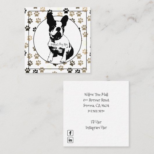 Franse Bulldog Groomer Paw Print Patroon Wit Vierkante Visitekaartje (Voorkant / Achterkant)