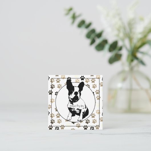 Franse Bulldog Groomer Paw Print Patroon Wit Vierkante Visitekaartje (Staand voorkant)