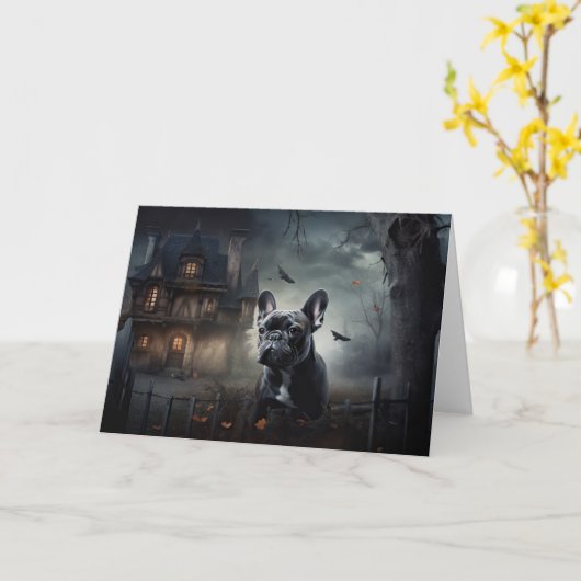 Franse Bulldog Halloween eng Kaart (Gele Bloem)