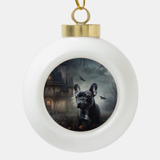 Franse Bulldog Halloween eng Keramische Bal Ornament (Voorkant)