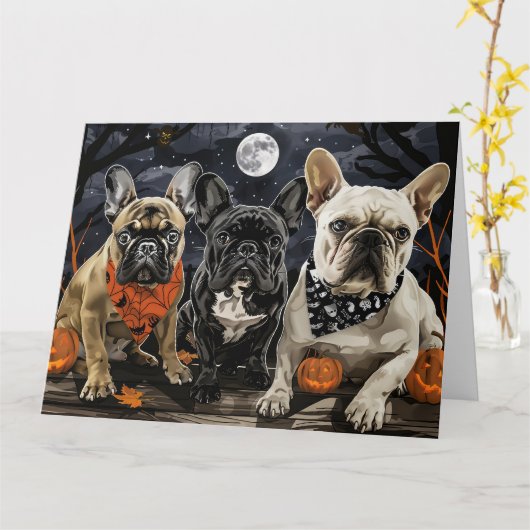 Franse Bulldog Halloween Spooky Kaart (Gele Bloem)