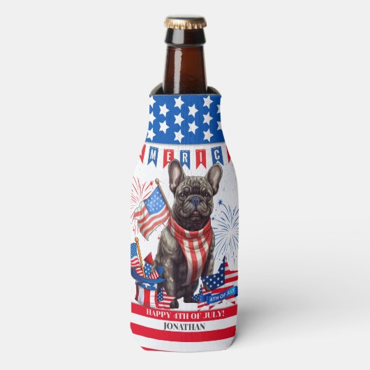 Franse Bulldog Happy 4th van juli Amerika Patriott Flesjeskoeler (Fles Voorkant)
