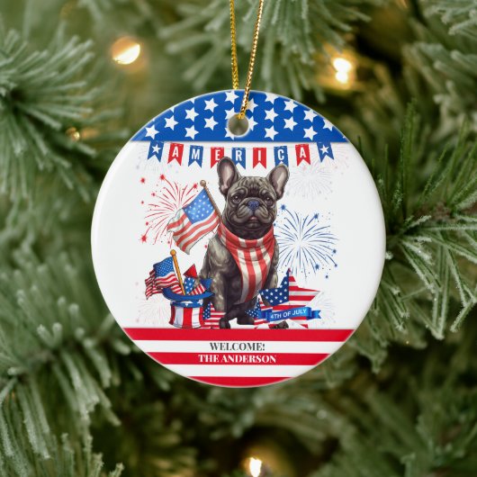 Franse Bulldog Happy 4th van juli Amerika Patriott Keramisch Ornament (Boom)