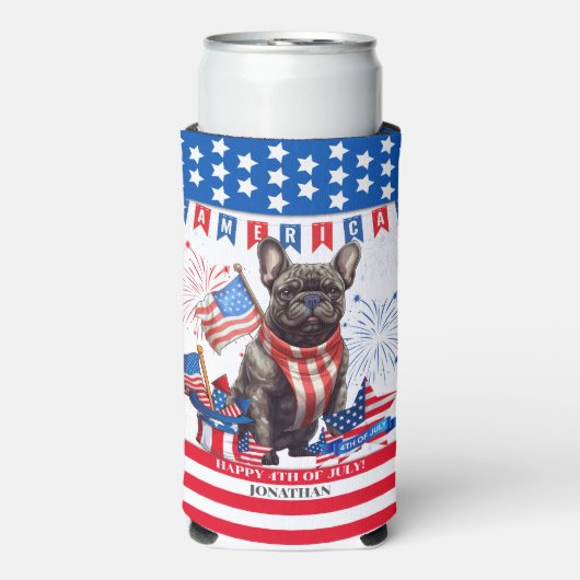 Franse Bulldog Happy 4th van juli Amerika Patriott Seltzer Blikjeskoeler (Seltzer Voorkant)