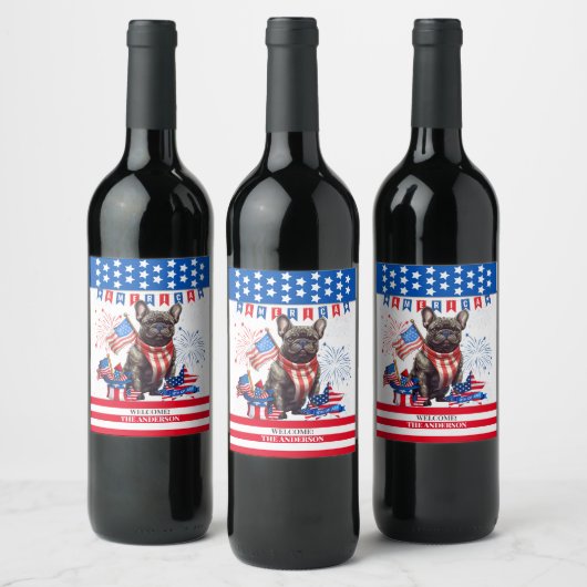 Franse Bulldog Happy 4th van juli Amerika Patriott Wijn Etiket (Flessen)