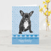 Franse Bulldog Happy Birthday Kaart Blauwe stippen (Gele Bloem)