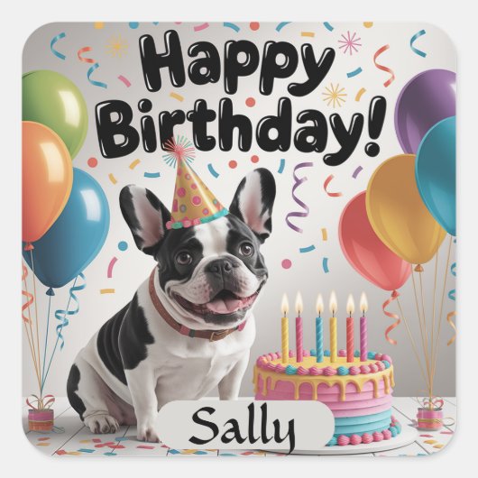 Franse Bulldog Happy Birthday Vierkante Sticker (Voorkant)