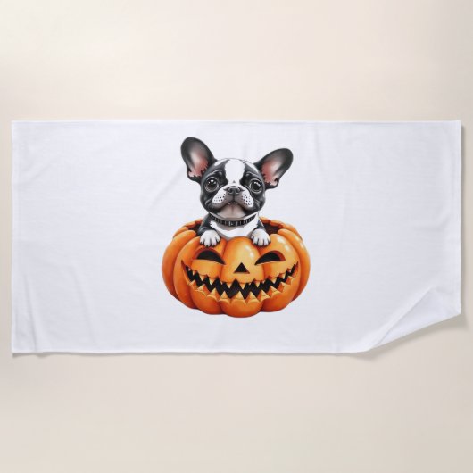 Franse Bulldog Happy Halloween pompoen Classic T-S Strandlaken (Voorkant)
