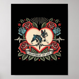 Franse Bulldog Heartbeat Retro Tattoo met Rozen Poster