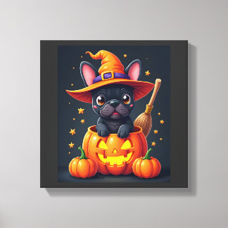 Franse Bulldog Heks Pompoen Halloween Heren Dames Canvas Afdruk
