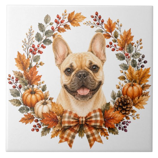 Franse Bulldog Herfstkrans Tegeltje (Voorkant)