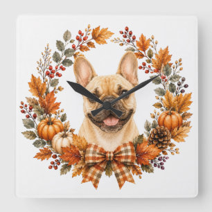 Franse Bulldog Herfstkrans Vierkante Klok