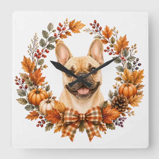 Franse Bulldog Herfstkrans Vierkante Klok (Voorkant)