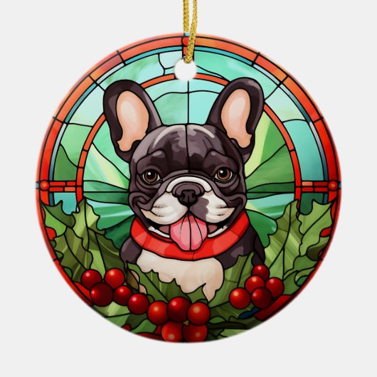 Franse Bulldog Holly Berry krans Kerstmis Keramisch Ornament (Voorkant)