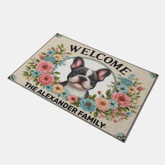 Franse Bulldog Home Sweet, Floral ingelijst Welkom Deurmat (Schuin)