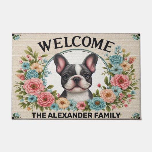 Franse Bulldog Home Sweet, Floral ingelijst Welkom Deurmat (Voorkant)