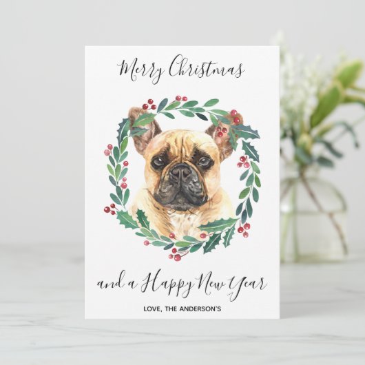 Franse Bulldog hond Elegant Vrolijk Kerstfeest Feestdagenkaart (Staand voorkant)