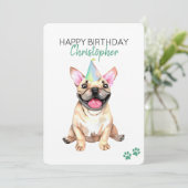 Franse Bulldog hond gepersonaliseerd Gelukkige Ver Kaart (Staand voorkant)