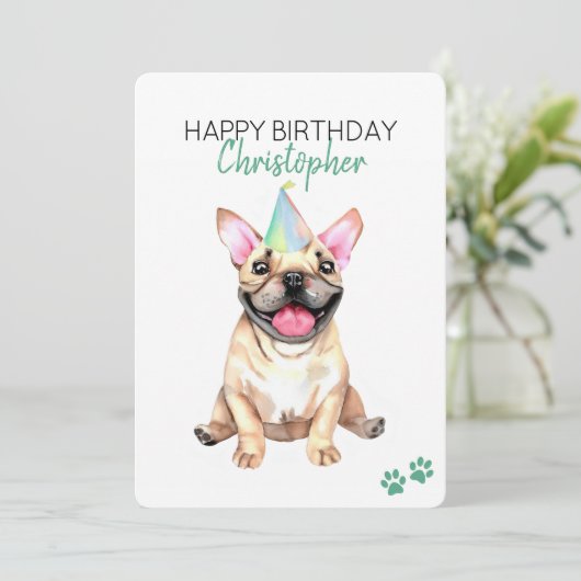 Franse Bulldog hond gepersonaliseerd Gelukkige Ver Kaart (Staand voorkant)