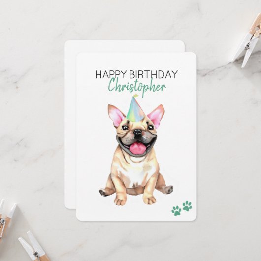 Franse Bulldog hond gepersonaliseerd Gelukkige Ver Kaart (Voorkant / Achterkant in situ)