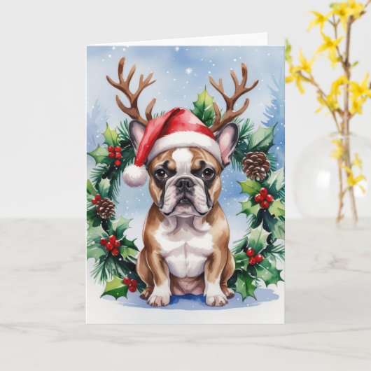 Franse Bulldog Hond Kerst Groet Kaart (Gele Bloem)