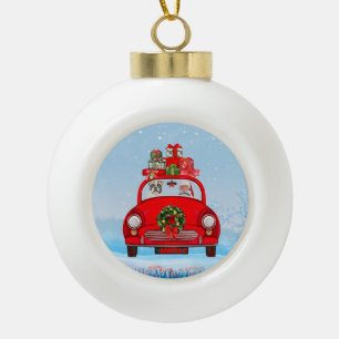 Franse Bulldog In Auto Met Kerstman Keramische Bal Ornament