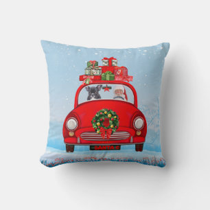 Franse Bulldog In Auto Met Kerstman Kussen