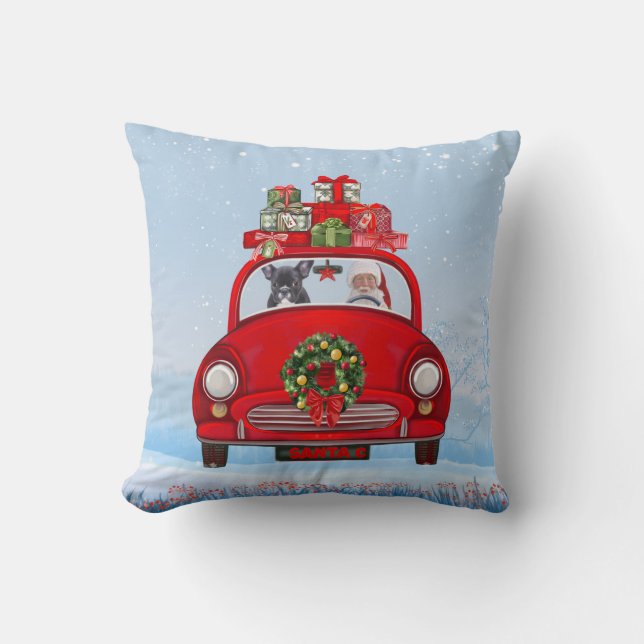 Franse Bulldog In Auto Met Kerstman Kussen (Voorkant)