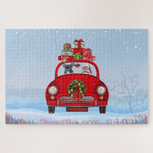 Franse Bulldog In Auto Met Kerstman Legpuzzel (Horizontaal)