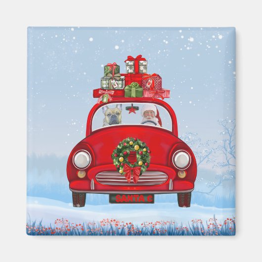 Franse Bulldog In Auto Met Kerstman Magneet (Voorkant)