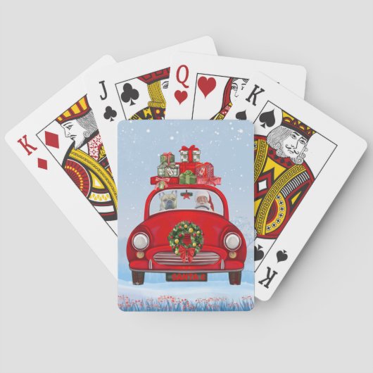 Franse Bulldog In Auto Met Kerstman Pokerkaarten (Achterkant)