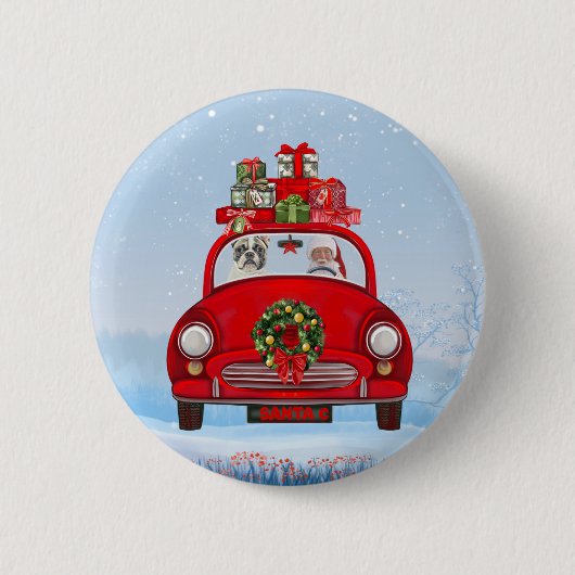 Franse Bulldog In Auto Met Kerstman Ronde Button 5,7 Cm (Voorkant)