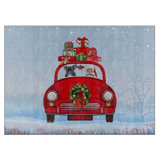 Franse Bulldog In Auto Met Kerstman Snijplank (Voorkant)