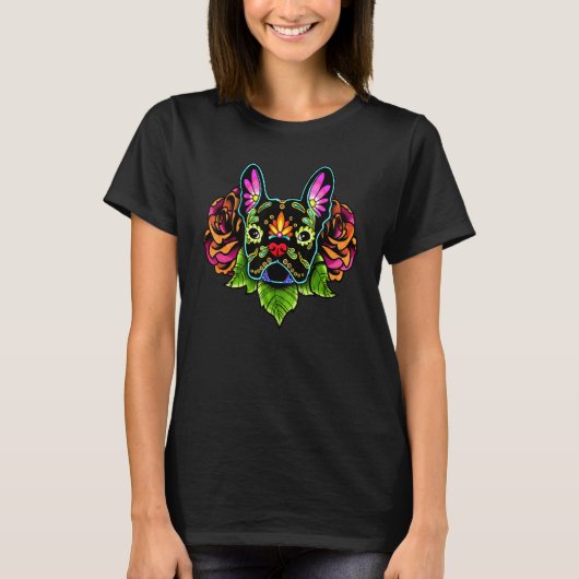 Franse Bulldog in Black Day of the Dead Sugar Sku T-shirt (Voorkant)