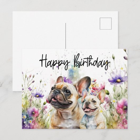 Franse Bulldog in Bloemenveld Verjaardag Briefkaart (Voorkant / Achterkant)