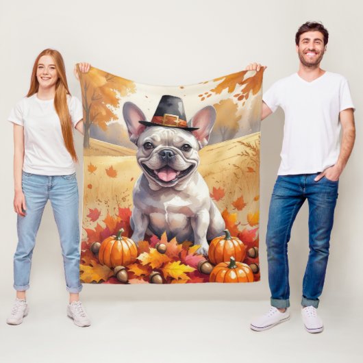 Franse Bulldog in de herfst verlaat Thanksgiving k Fleece Deken (In situ)