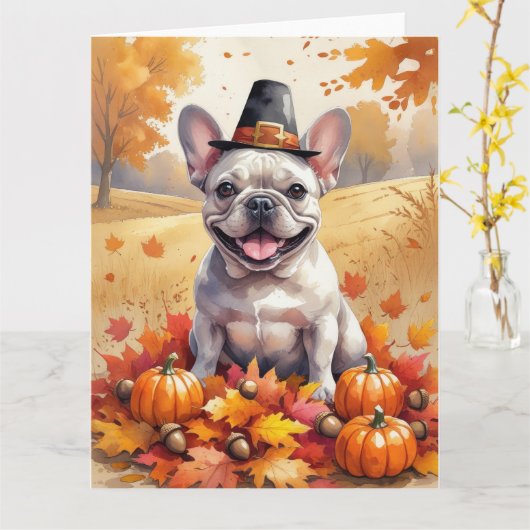 Franse Bulldog in de herfst verlaat Thanksgiving k Kaart (Gele Bloem)