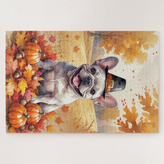 Franse Bulldog in de herfst verlaat Thanksgiving k Legpuzzel (Horizontaal)