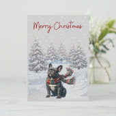 Franse Bulldog in de Sneeuw Kerstkaart (Staand voorkant)